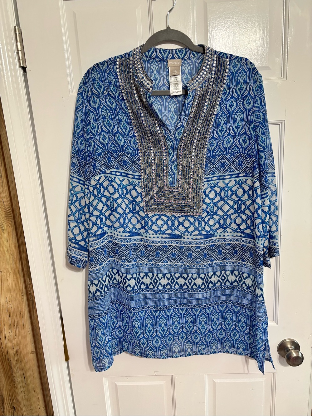 Chico's Blue Patterned Beaded V-Neck Tunic